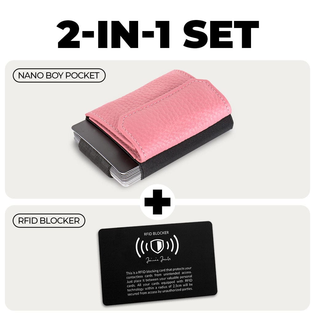 Jaimie Jacobs Grained Leather Pink Nano Boy Pocket Ladies Edition + RFID Protection Card Bundle Nano Boy Pocket wallet Ladies Edition + RFID Protection Card
