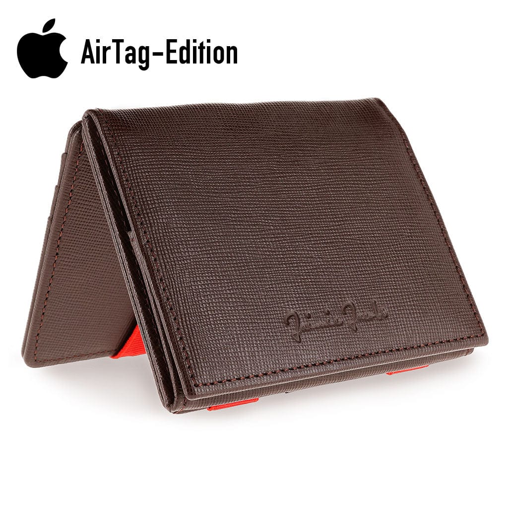 Jaimie Jacobs Geldbeutel Portemonnaie Saffiano Brown with Red Flap Boy AirTag-Edition - Magic Wallet with Coin Pocket Flap Boy magic-wallet with coin pocket & Apple AirTag pocket