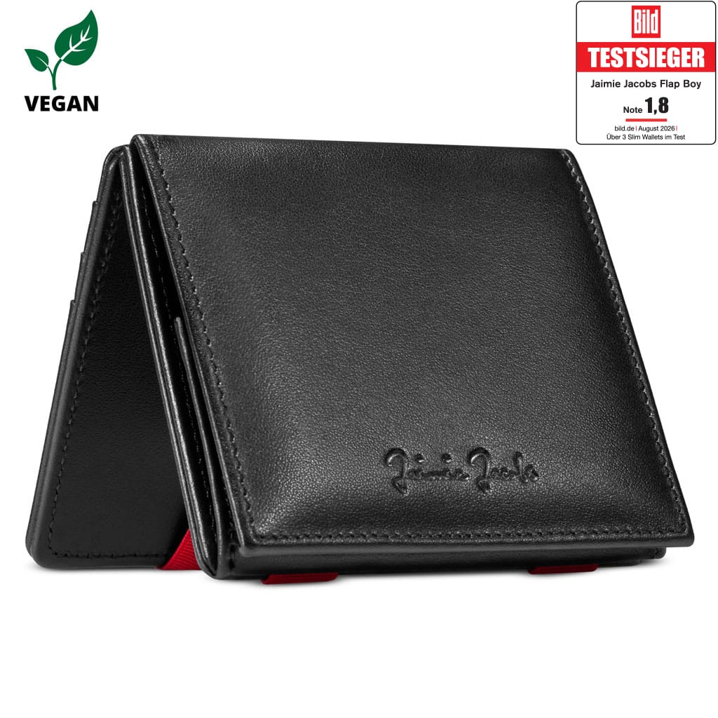 Jaimie Jacobs Geldbeutel Portemonnaie vegan Vegan Black with Red Flap Boy Vegan - Magic Wallet with Coin Pocket Flap Boy Vegan Magic Wallet with Coin Pocket