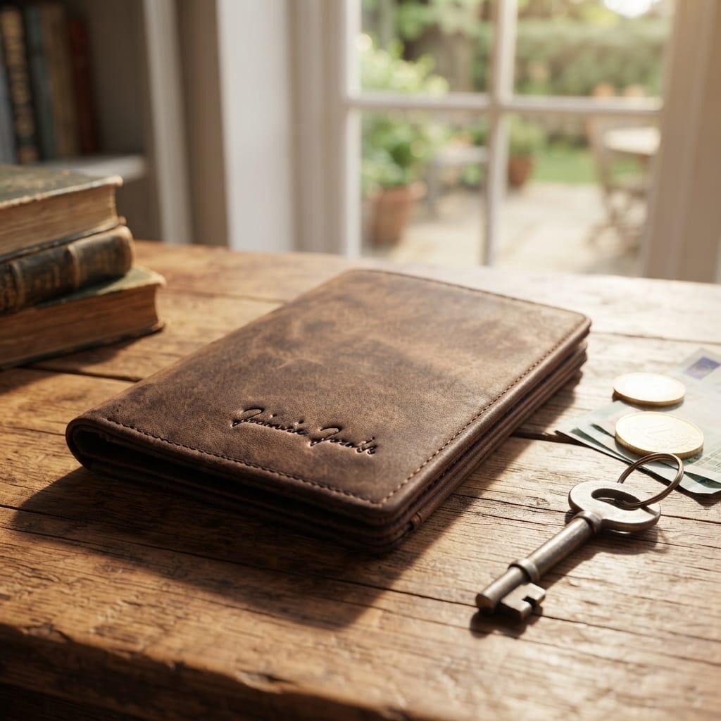 Wallet out of premium leather lies on a table